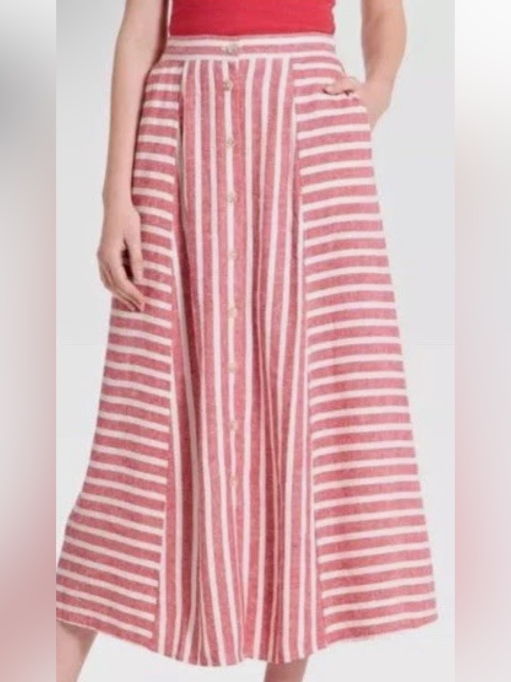 Universal Thread NWT  Striped LIGHT RED WHITE Button LINEN BLEND MAXI Skirt